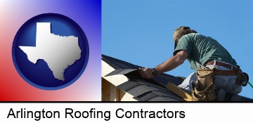 a roofing contractor installing asphalt roof shingles in Arlington, TX