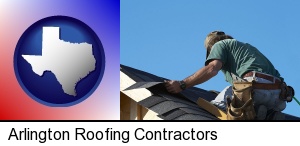 Arlington, Texas - a roofing contractor installing asphalt roof shingles