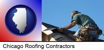 a roofing contractor installing asphalt roof shingles in Chicago, IL