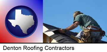 a roofing contractor installing asphalt roof shingles in Denton, TX