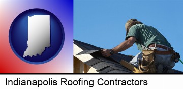 a roofing contractor installing asphalt roof shingles in Indianapolis, IN