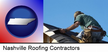 a roofing contractor installing asphalt roof shingles in Nashville, TN