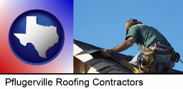 a roofing contractor installing asphalt roof shingles in Pflugerville, TX