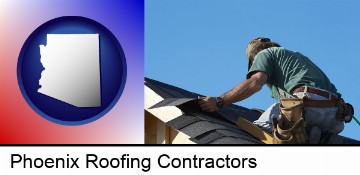a roofing contractor installing asphalt roof shingles in Phoenix, AZ