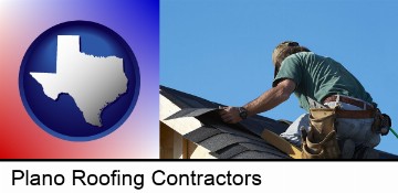 a roofing contractor installing asphalt roof shingles in Plano, TX
