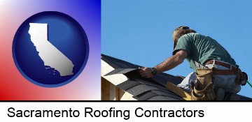 a roofing contractor installing asphalt roof shingles in Sacramento, CA