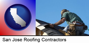 a roofing contractor installing asphalt roof shingles in San Jose, CA