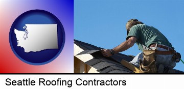 a roofing contractor installing asphalt roof shingles in Seattle, WA