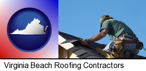 a roofing contractor installing asphalt roof shingles in Virginia Beach, VA