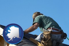 alaska map icon and a roofing contractor installing asphalt roof shingles