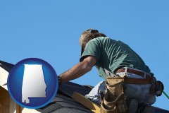 alabama map icon and a roofing contractor installing asphalt roof shingles