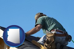 arizona map icon and a roofing contractor installing asphalt roof shingles