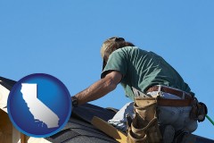 california map icon and a roofing contractor installing asphalt roof shingles