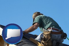 connecticut map icon and a roofing contractor installing asphalt roof shingles
