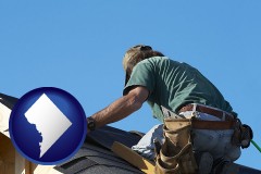 washington-dc map icon and a roofing contractor installing asphalt roof shingles
