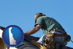 delaware map icon and a roofing contractor installing asphalt roof shingles