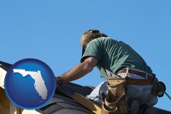 florida map icon and a roofing contractor installing asphalt roof shingles