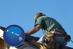 hawaii map icon and a roofing contractor installing asphalt roof shingles