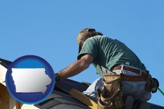 iowa map icon and a roofing contractor installing asphalt roof shingles