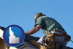 idaho map icon and a roofing contractor installing asphalt roof shingles