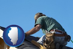 illinois map icon and a roofing contractor installing asphalt roof shingles