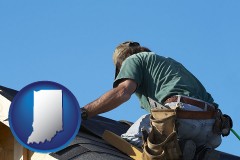 indiana map icon and a roofing contractor installing asphalt roof shingles