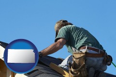kansas map icon and a roofing contractor installing asphalt roof shingles