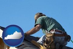 kentucky map icon and a roofing contractor installing asphalt roof shingles