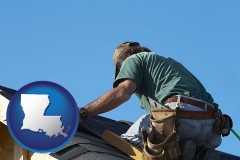 louisiana map icon and a roofing contractor installing asphalt roof shingles
