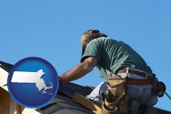 massachusetts map icon and a roofing contractor installing asphalt roof shingles