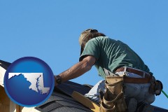 maryland map icon and a roofing contractor installing asphalt roof shingles
