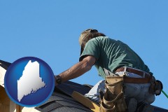 maine map icon and a roofing contractor installing asphalt roof shingles