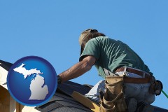 michigan map icon and a roofing contractor installing asphalt roof shingles
