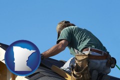minnesota map icon and a roofing contractor installing asphalt roof shingles