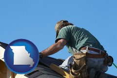 a roofing contractor installing asphalt roof shingles - with MO icon