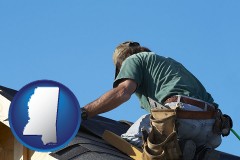 mississippi map icon and a roofing contractor installing asphalt roof shingles
