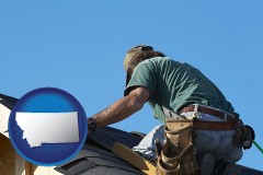 montana map icon and a roofing contractor installing asphalt roof shingles