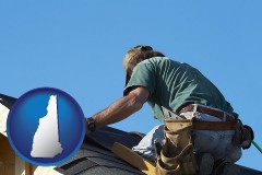 new-hampshire map icon and a roofing contractor installing asphalt roof shingles
