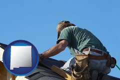 new-mexico map icon and a roofing contractor installing asphalt roof shingles