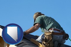 nevada map icon and a roofing contractor installing asphalt roof shingles