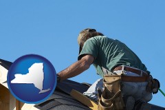 new-york map icon and a roofing contractor installing asphalt roof shingles