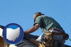 ohio map icon and a roofing contractor installing asphalt roof shingles