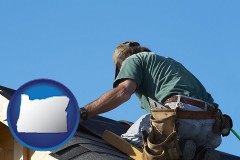 oregon map icon and a roofing contractor installing asphalt roof shingles