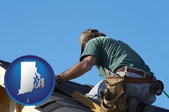 rhode-island map icon and a roofing contractor installing asphalt roof shingles