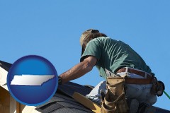 tennessee map icon and a roofing contractor installing asphalt roof shingles
