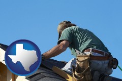 a roofing contractor installing asphalt roof shingles - with TX icon