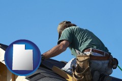 utah map icon and a roofing contractor installing asphalt roof shingles