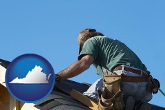 virginia map icon and a roofing contractor installing asphalt roof shingles