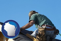 wisconsin map icon and a roofing contractor installing asphalt roof shingles