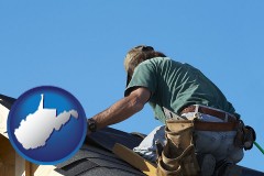 west-virginia map icon and a roofing contractor installing asphalt roof shingles